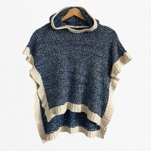 Cozy Blue and Cream Sleeveless Poncho Style Sweater